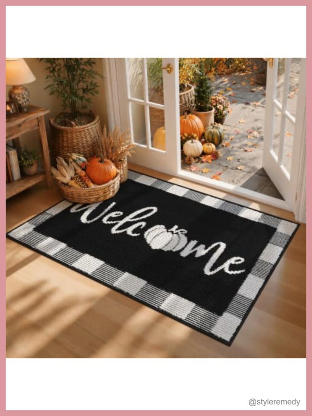 Fall Pumpkin Welcome Doormat 24x35 Non Slip Indoor Outdoor Plaid